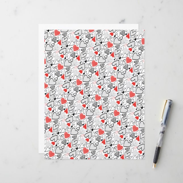 Fun Red Black Doodle Hearts White Scrapbook Paper (Front/Back In Situ)