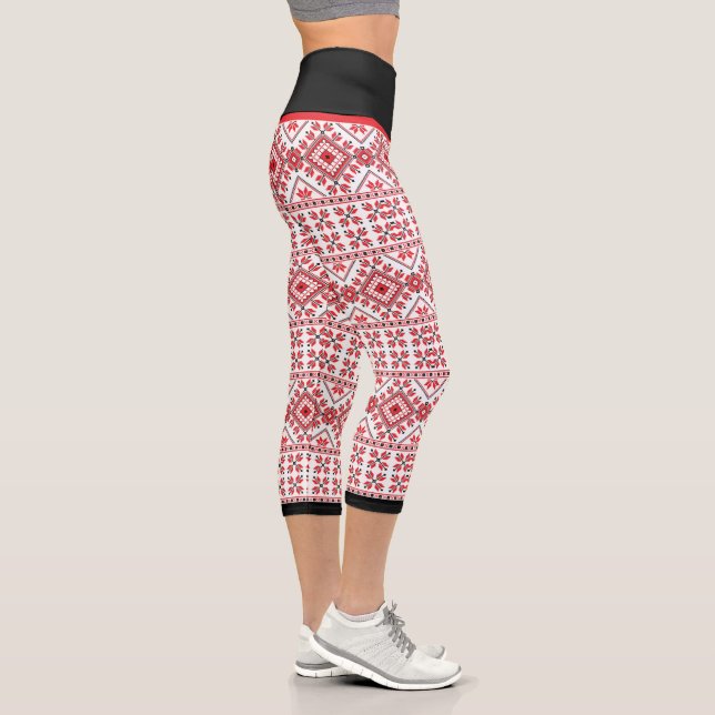 Fun Red Black Nordic Fair Isle Snowflake Motif Capri Leggings (Right)
