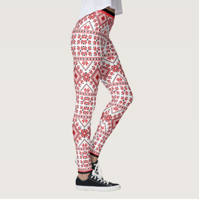 Fun Red Black Nordic Fair Isle Snowflake Motif Leggings (Right)