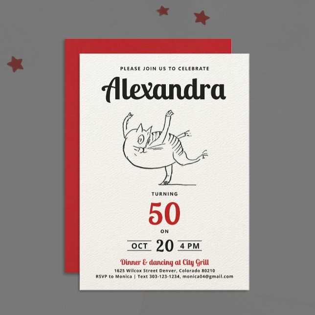 Fun Red Black White Cat Dance 50th Birthday Sketch Invitation (Creator Uploaded)