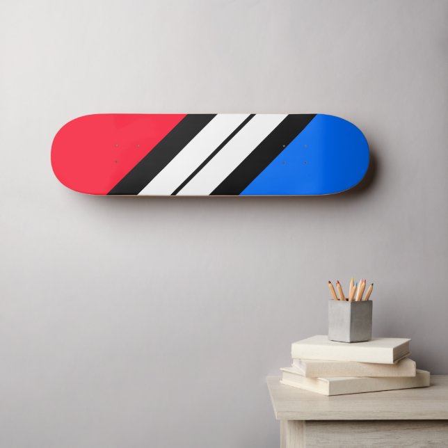 Fun Red Blue Black White Diagonal Racing Stripe Skateboard (Wall Art (Horz))
