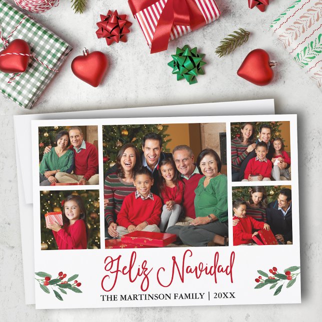 Fun Red Calligraphy 5 Photo Feliz Navidad Holiday Card (Customize to add text to back of card.)