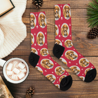 Fun Red Custom Dog Photo Paw Print Socks