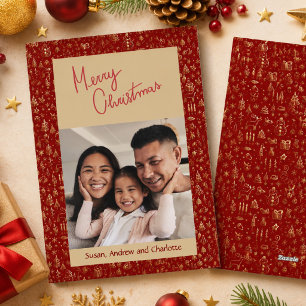 Fun Red Doodle Family Photo Merry Christmas Card