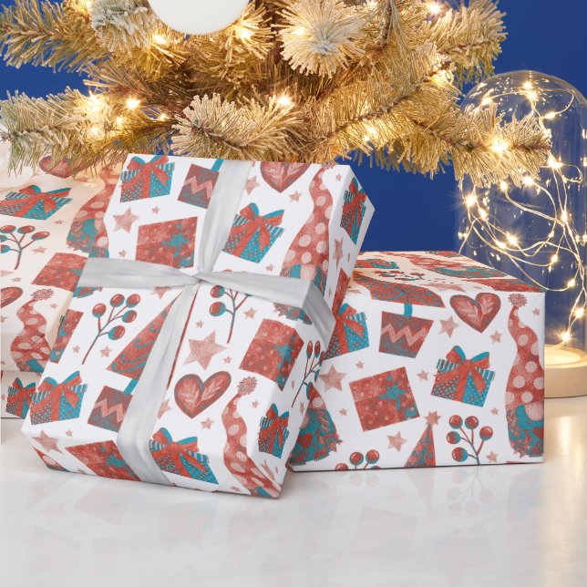 Fun Red Festive Gonks Christmas Themed Parcel  Wrapping Paper (Holidays)