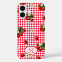 Fun Red Gingham Strawberries Custom Monogram