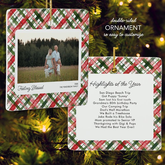 Fun Red Green Plaid Check Christmas Photo Custom Ceramic Ornament (Creator Uploaded)