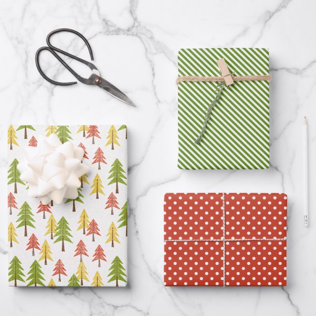 Fun Red Green Yellow Abstract Pine Tree Pattern Wrapping Paper Sheet (Front)
