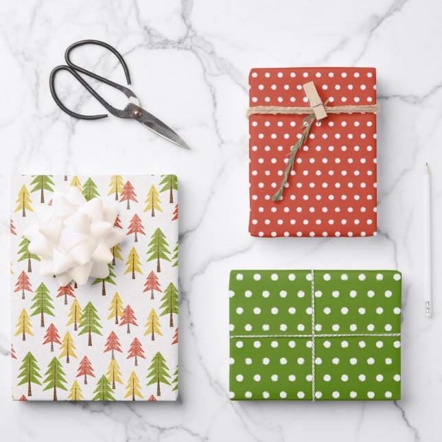 Fun Red Green Yellow Abstract Pine Tree Pattern Wrapping Paper Sheet (Front)