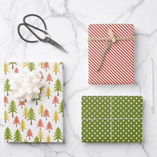 Fun Red Green Yellow Abstract Pine Tree Pattern Wrapping Paper Sheet