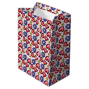 Fun Red Hearts and Purple Yellow Flowers Medium Gift Bag