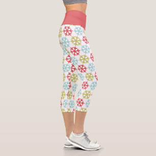 Fun Red Lime Green Aqua Blue Snowflakes Pattern Capri Leggings