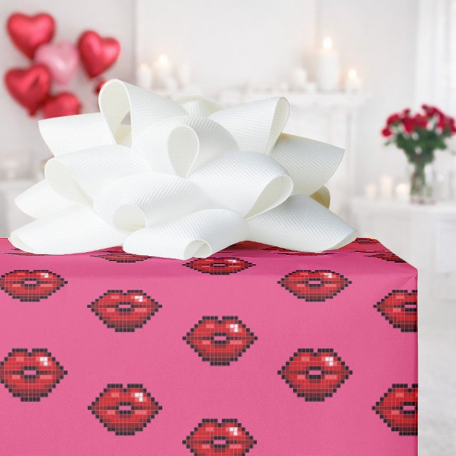 Fun Red Lips Valentine's Day Pixel Art Pattern Wrapping Paper (Creator Uploaded)