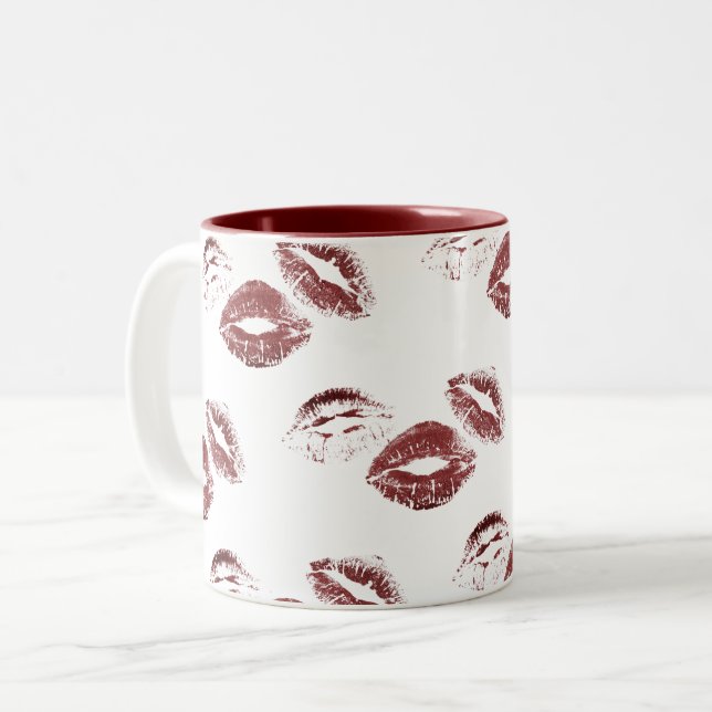 FUN! Red Lipstick Prints Two-Tone Coffee Mug (Front Left)
