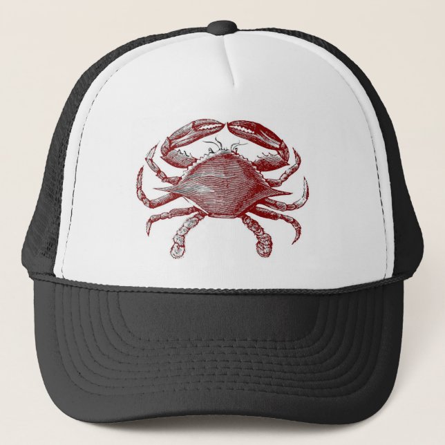 Fun Red Pencil Sketch Crab with Coastal Party Vibe Trucker Hat (Front)