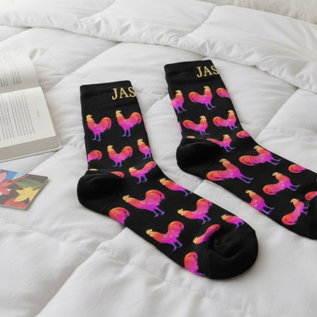 Fun Red Rooster Socks with Custom Name (Personalized colorful red rooster socks!)