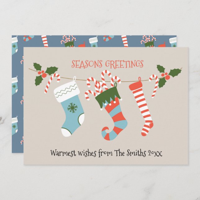 Fun Red Script Green Stockings Candy Cane Floral Holiday Card (Front/Back)