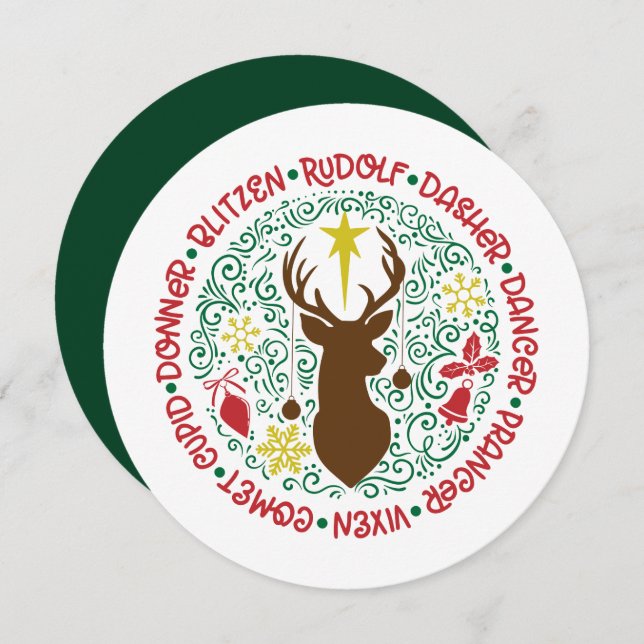 Fun Red Script Santa Reindeer Name Christmas Holiday Card (Front/Back)