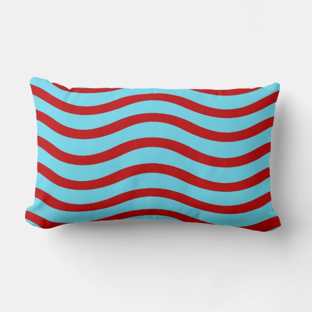 Fun Red Teal Turquoise Wavy Lines Stripes Pattern Lumbar Cushion (Front)