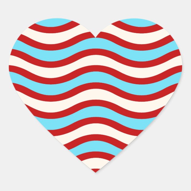 Fun Red Teal Turquoise White Wavy Lines Stripes Heart Sticker (Front)