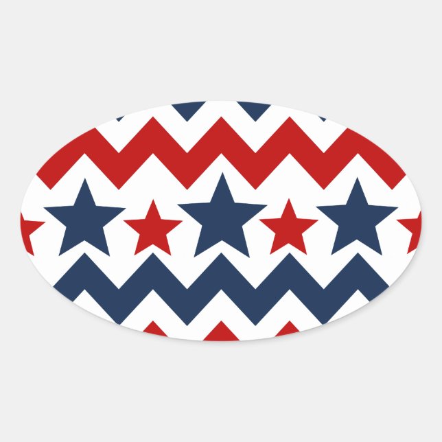 Fun Red White Blue Chevron Stars and Stripes Oval Sticker (Front)
