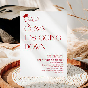 Fun Red & White Cap, Gown Graduation Invitation