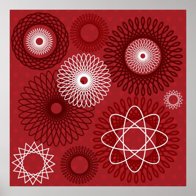 Fun Red White Geometric Pattern Spirograph Design Poster (Front)