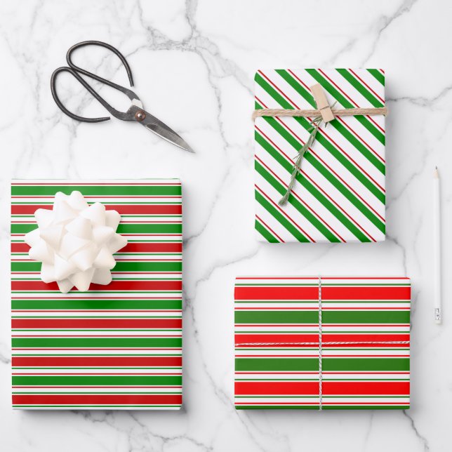 Fun Red, White, Green Christmas-Themed Lines Wrapping Paper Sheet (Front)