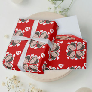Fun Red White Heart Four Leaf Clover Photo Pattern Wrapping Paper