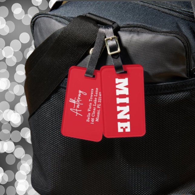 Fun Red White MINE Personalised Luggage Tag (Creator Uploaded)