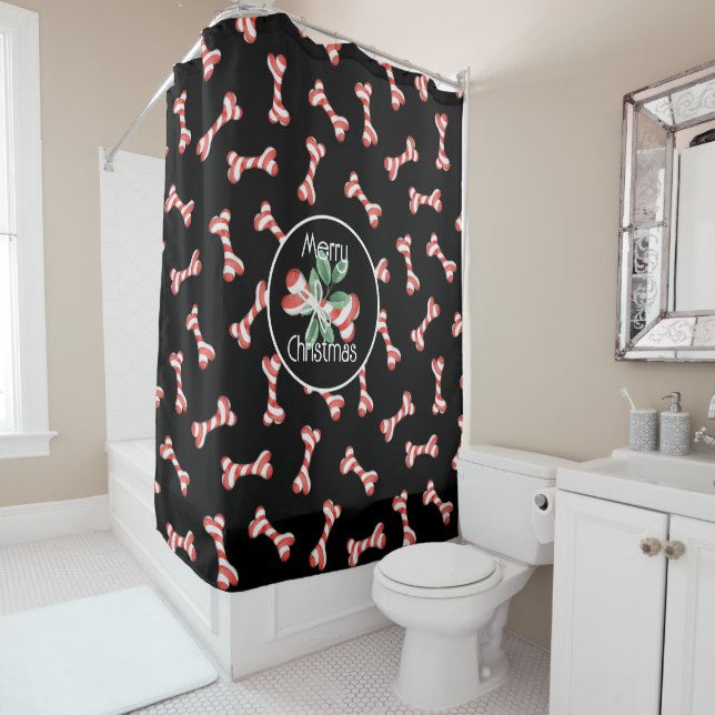 Fun Red & White Striped Dog Bone Christmas Pattern Shower Curtain (In Situ)