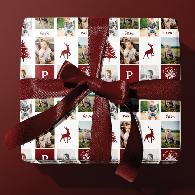 Fun Red Woodland Custom Photo Collage Monogram Wrapping Paper (Creator Uploaded)