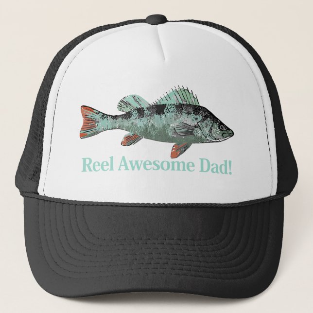 Fun Reel Awesome Dad Fishing Perch Trucker Hat (Front)