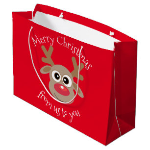 Fun Reindeer Cartoon Red Christmas Large Gift Bag
