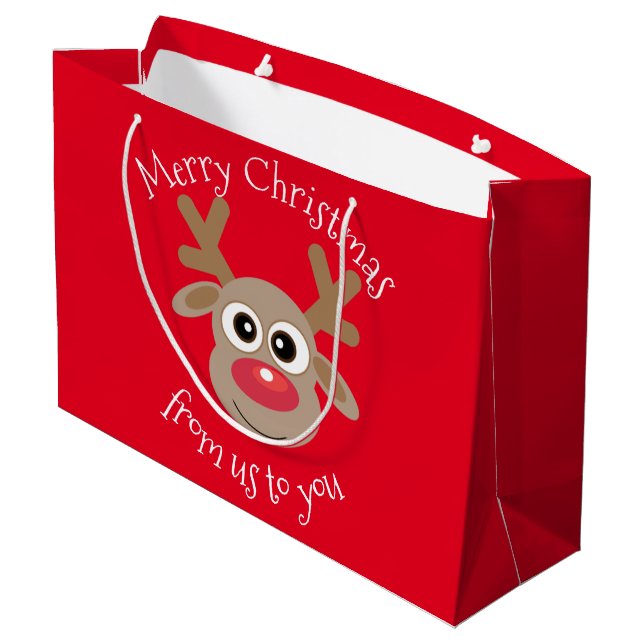 Fun Reindeer Cartoon Red Christmas Large Gift Bag (Back Angled)