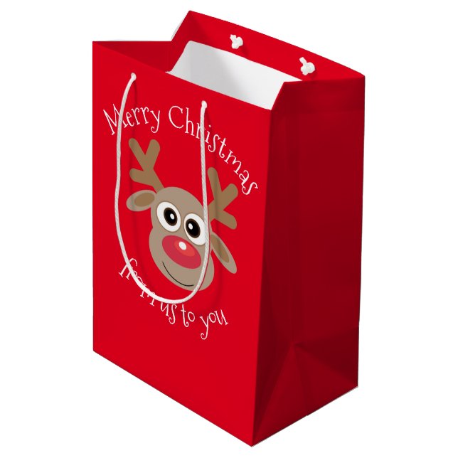 Fun Reindeer Cartoon Red Christmas Medium Gift Bag (Back Angled)