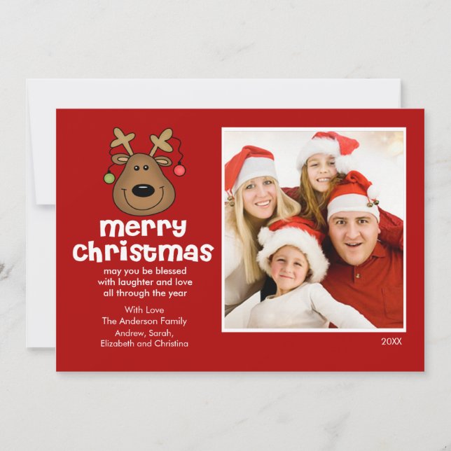Fun Reindeer Christmas Flat Photo Card (Front)