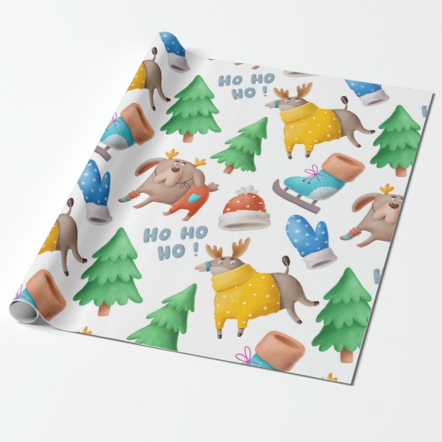 Fun Reindeer Holiday Wrapping Paper (Unrolled)