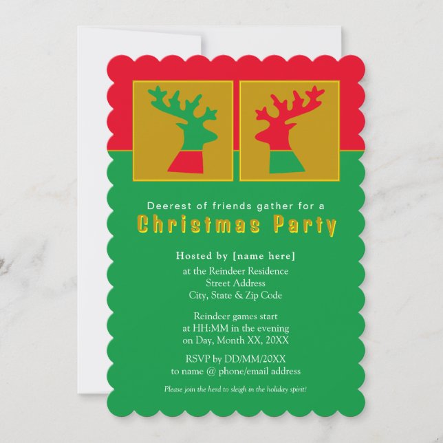 Fun Reindeer Red Green Golden Christmas Party Invitation (Front)