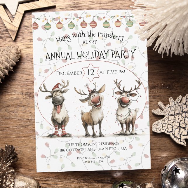 Fun reindeers light bulbs annual holiday party  invitation (Creator Uploaded)