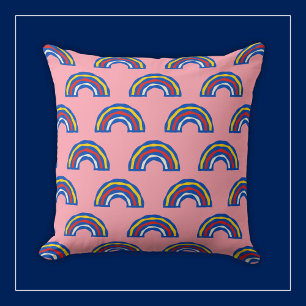 Fun Retro 80s Primary Colour Rainbows on Cute Pink Cushion
