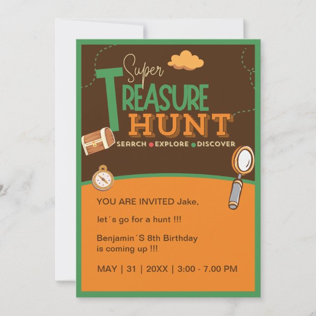 fun retro birthday treasure hunt invitation (Front)