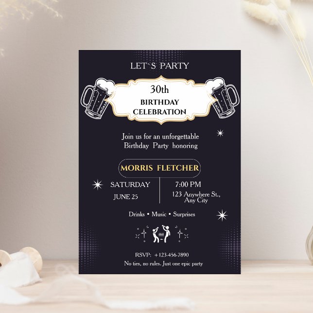 Fun Retro Black and Gold Men Invitation (Creator Uploaded)