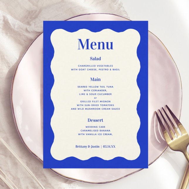 Fun Retro Blue Modern Wavy Wedding Menu Cards (Creator Uploaded)