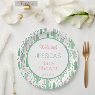 Fun Retro Cactus Succulent Floral Baby Shower Paper Plate