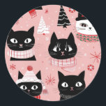 Fun Retro Christmas Cats on Pink Classic Round Sticker<br><div class="desc">Here are some fun retro cat faces. Originating as part of midcentury patterns these cute round stickers celebrate black and white kitties in their red accented Christmas duds in the midst of matching holiday ephemera. All on a pink background. A pretty design for your gifting projects for the cat lovers...</div>
