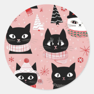 Fun Retro Christmas Cats on Pink Classic Round Sticker