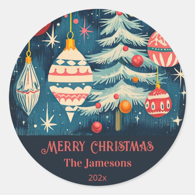Fun Retro Christmas Trees Ornaments Classic Round Sticker (Front)