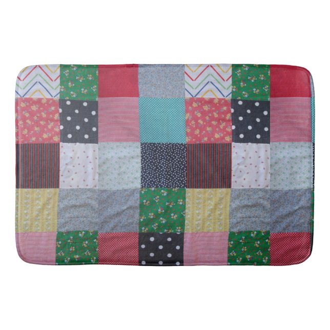 fun retro colourful fabric cottagecore patchwork  bath mat (Front)