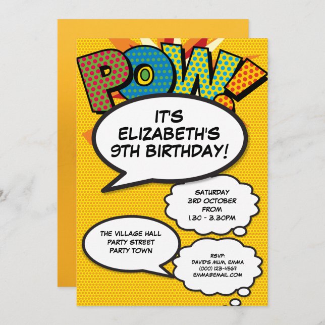 Fun Retro Comic Book Photo Birthday Party Invitation (Front/Back)